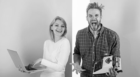 Take advantage of technology. Modern people need digital devices. You definitely need modern device instead outdated. In step with times. Woman with modern laptop and man with old retro typewriterの写真素材