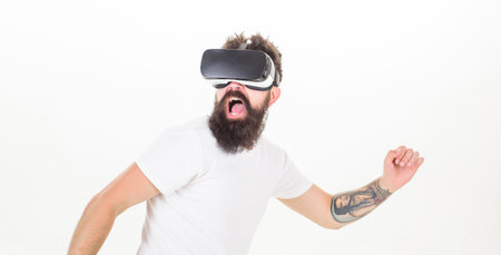 Cyber sport. Guy with head mounted display interact virtual reality. Virtual activity. Hipster play...