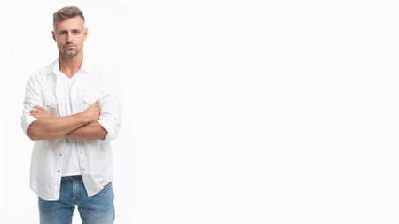 grizzled man casual style, copy space. studio shot of grizzled man. mature grizzled manの写真素材