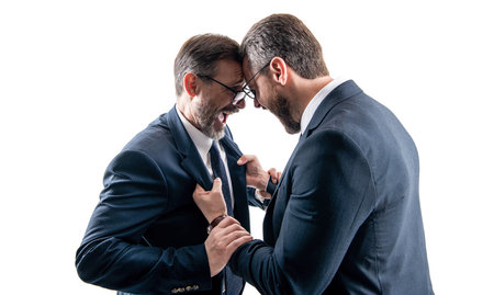 photo of businessmen arguing, subordinate. subordinate of two angry businessmen isolated on white