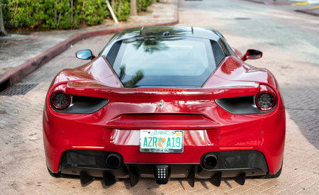 Miami Beach, Florida USA - April 18, 2021: red Ferrari 488 GTB, back view