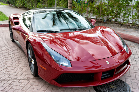 Miami Beach, Florida USA - April 18, 2021: red Ferrari 488 GTB auto, corner viewのeditorial素材