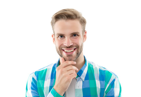 casual man face wearing checkered shirt. photo of casual man with stubble. casual manの写真素材