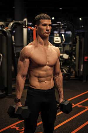 Shirtless bodybuilder man doing dumbbell workout in gym, bodybuildingの写真素材