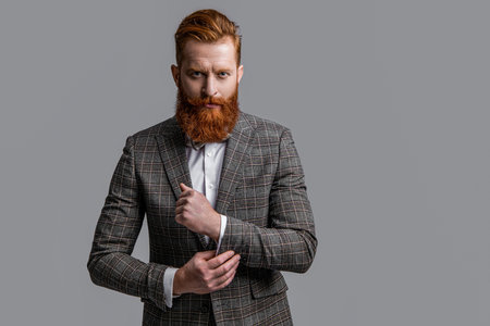 tuxedo formal man isolated on grey with copy space. tuxedo formal man in studio.の写真素材