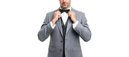 cropped guy in bow tie blue suit. businessman isolated on white. big boss in formal wear