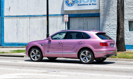 Miami Beach, Florida USA - April 15, 2021: pink metallic Bentley Bentayga v8 2015, back side view.