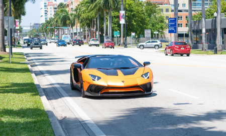 Miami Beach, Florida USA - April 15, 2021: Lamborghini Aventador LP 750-4 SV car, front viewのeditorial素材