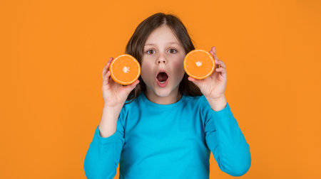 amazed teen girl holding orange fruit on yellow backgroundの写真素材