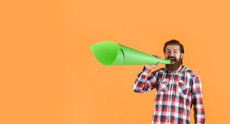 mature crazy mad man pose with megaphone. announcement concept. stop being silent. hipster screaming in the megaphone Activist speaks at rally. Make it heard. oratory and rhetoricの写真素材