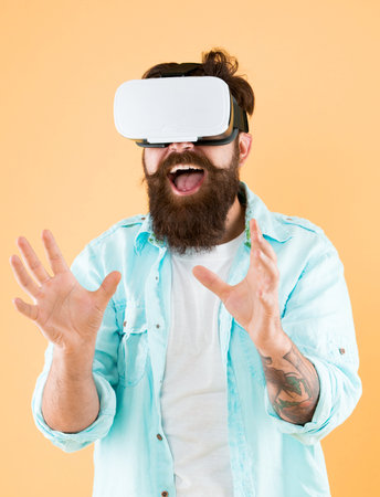 Satisfaction enjoyment. Cyber sex. Virtual sexual activity. Man touch virtual breasts. Explore cybersex. Play virtual sex game. Intimate sensation concept. Hipster man play sex game hmd or vr glassesの写真素材