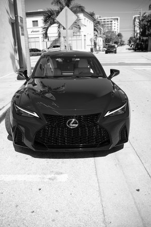 Miami Beach, Florida USA - April 13, 2021: red lexus RC 200t parked in miami beach, front view.のeditorial素材