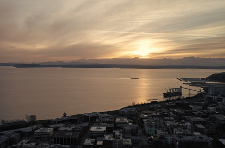 Seattle, Washington D.C. USA - April 03, 2021: seattle skyline with buildings in sunset aerial viewのeditorial素材