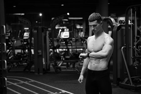 Shirtless man with muscular torso checking fitness activity tracker watch in gym, workoutの写真素材