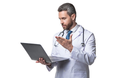 doctor presenting ehealth on background. photo of ehealth and doctor man with laptop.の写真素材