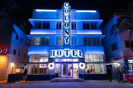 Miami, Florida USA - April 16, 2021: illuminated architecture in night miami cityのeditorial素材