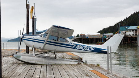 Wrangell, Alaska USA - May 31, 2019: Cessna 172 floatplane aircraft at pier