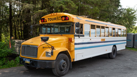 Wrangell, Alaska USA - May 26, 2019: Blue Bird Vision freightliner tour busのeditorial素材