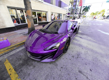 Los Angeles, California USA - March 24, 2021: blue McLaren Automotive Limited 570s top corner view.のeditorial素材