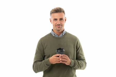 smiling man at coffee break isolated on white. man at coffee break in studio.の写真素材