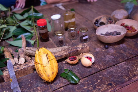 Organic cocoa and nutmeg beans. Natural wholesome beans and herbs. Beans of spicesの写真素材