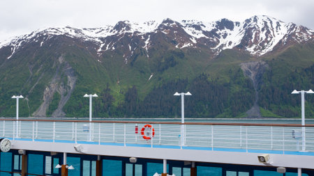 lifebuoy at travel cruise ship in alaska. lifebuoy at travel cruise with landscape.の写真素材