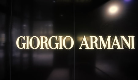 Miami, USA - March 20, 2021: Giorgio Armani shop sign at Design District in Floridaのeditorial素材