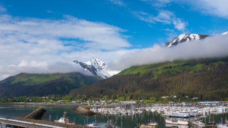 Seward, Alaska USA - April 06, 2019: bay and landscape nature with mountain in alaskaのeditorial素材