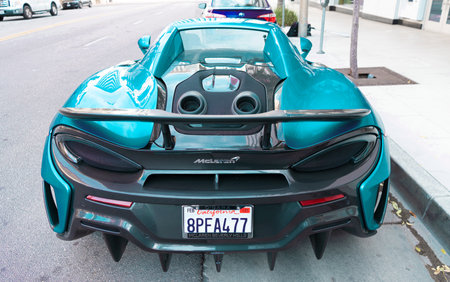 Los Angeles, California USA - April 11, 2021: McLaren Automotive Limited 720S back side view.