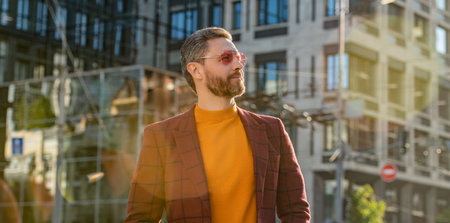 stylish man in jacket outdoor. stylish man in the street. stylish man outside. photo of stylish man wearing jacket.の写真素材