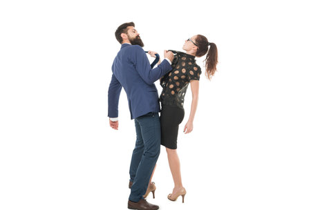 Ambitious and successful. Bearded man and sexy woman competing in business. Couple in love facing...