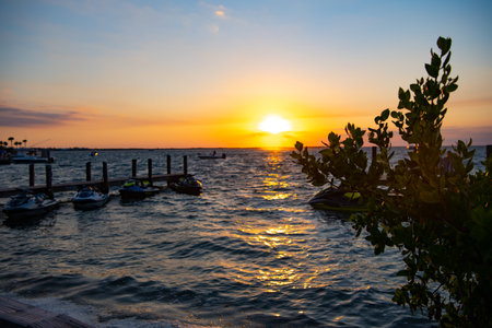 seascape horizon at sunset with jetski dock. summer seascape horizon at sunset.の写真素材