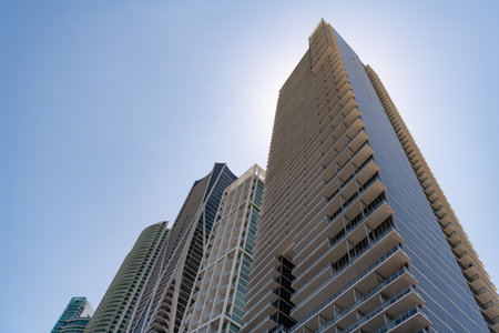 high skyscraper architectural building on blue sky. skyscraper architectural buildingの写真素材