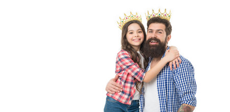 Winners take it all. Happy winners isolated on white. Happy family celebrate victory. Prize winners. Father and daughter wear crowns on heads. Luxury fashion accessory. Winners leagueの写真素材