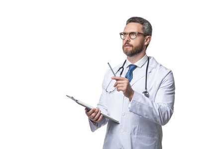 thinking internist with prescription on background. photo of internist with prescription.の写真素材