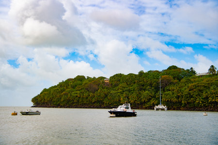 seaside landscape with boat in summer. image of seaside landscape with boat.の写真素材