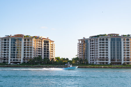 yacht boat with cityscape. luxury yacht boat for traveling. photo of yacht boat in miami.の写真素材