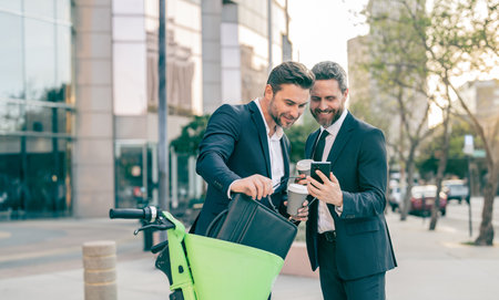 business colleagues with phone in the street, copy space. business colleagues with phone outdoor.