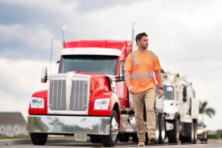 truck driver shows concept of logistics, copy space. truck driver represents logistics walking...