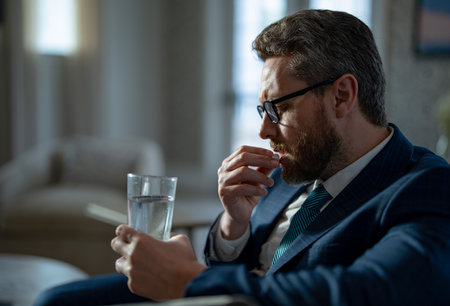image of business man with headache painkiller. business man with headache taking painkiller pills.の写真素材