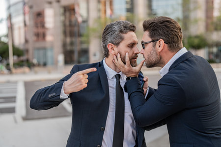 aggressive businessmen have business conflict. two businessmen have business conflict outdoor.の写真素材