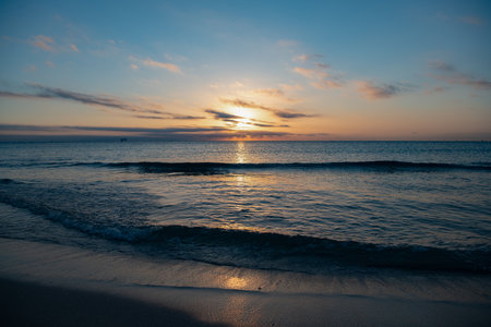 beautiful morning seascape with sea water on the summer beachの写真素材