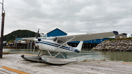 Wrangell, Alaska USA - May 31, 2019: Cessna 172 biplane aircraft at pierのeditorial素材