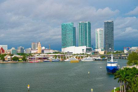 Miami, Florida USA - November 22, 2015: traveling to miami bay port with skyscrapers and yachtsのeditorial素材