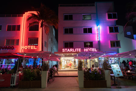 Miami, Florida USA - April 16, 2021: Miami south beach ocean drive illuminated architecture in night...
