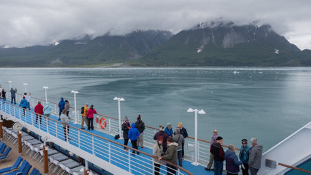 Hubbard Glacier, Alaska USA - May 24, 2019: touristic travel trip to mountain landscapeのeditorial素材