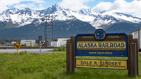 Seward, Alaska USA - April 06, 2019: welcome destination sign to seward city in alaskaのeditorial素材