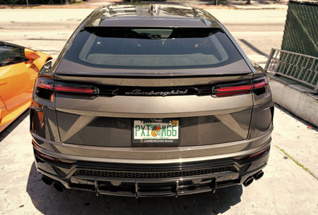 Los Angeles, California USA - April 14, 2021: black Lamborghini Urus suv car parked in LA. back viewのeditorial素材