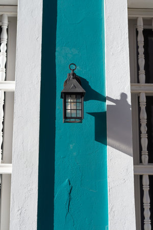 streetlamp lantern on blue house. streetlamp lantern outdoor. photo of streetlamp lanternの写真素材