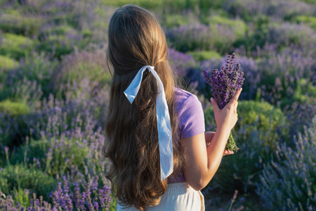 Portrait of a teen girl in lavender provence. Beautiful young girl in a lavender provence at sunset. provence girl at lavender flowers. Adorable girl in lavender provence during summer holidaysの写真素材